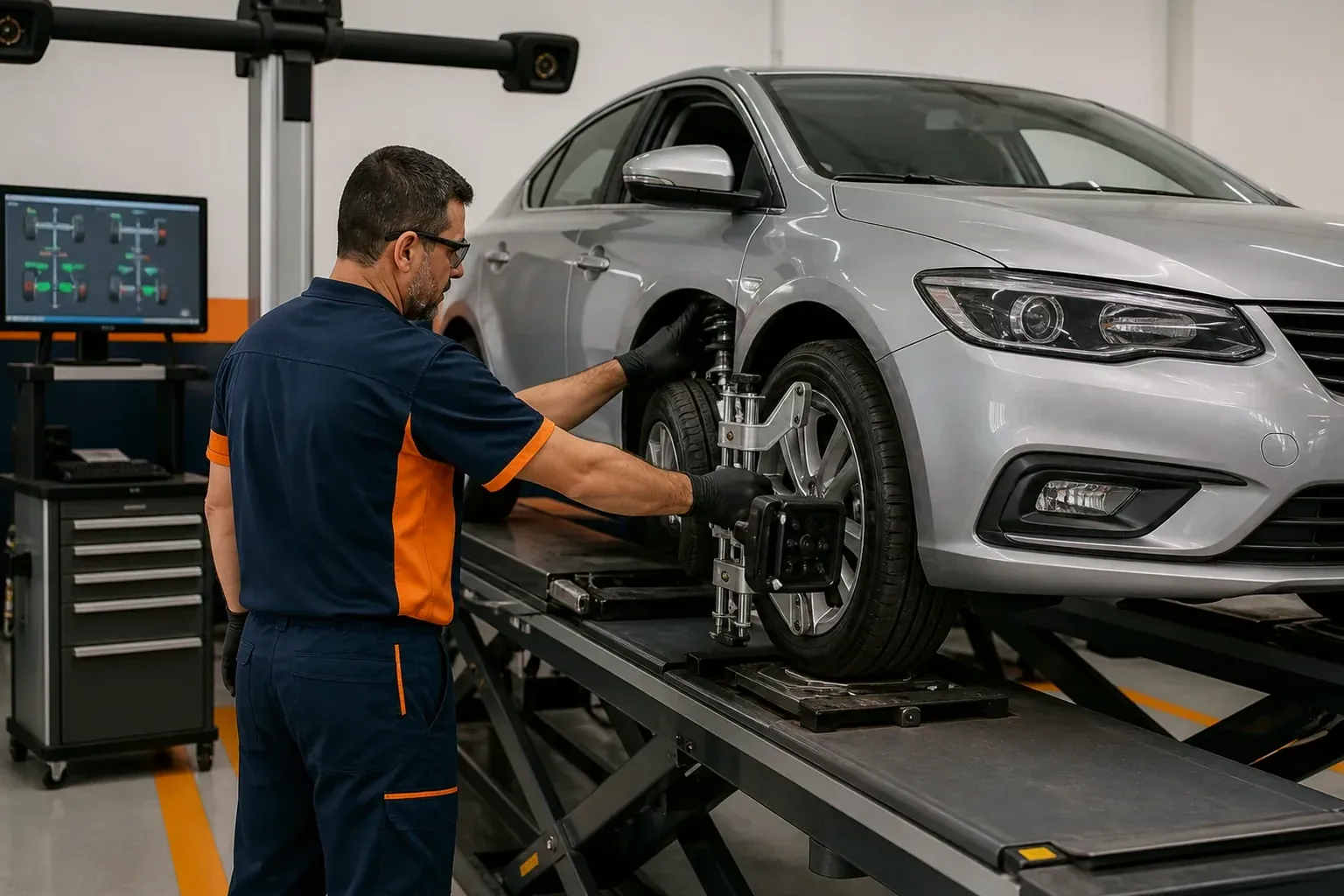 Carro sendo alinhado em uma borracharia em Itaguaí.