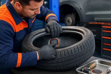 Profissional consertando um pneu em uma borracharia em Itaguaí.