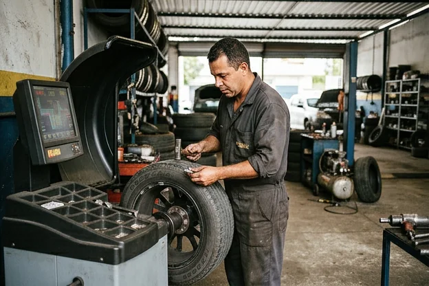 Profissional fazendo balanceamento de rodas em uma borracharia em Itaguaí.